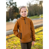 Young child in Lemieux Mini Mari micro fleece jacket outdoors in ginger color