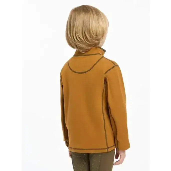 A child wearing lemieux mini mari micro fleece ginger jacket in mustard yellow with dark brown stitching along seams and collar