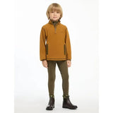 A child wearing lemieux mini mari micro fleece ginger jacket in mustard yellow with dark green panels and zipper accents