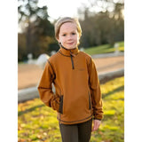A child wearing a rust-colored lemieux mini mari micro fleece ginger pullover with dark brown trim and zipper details