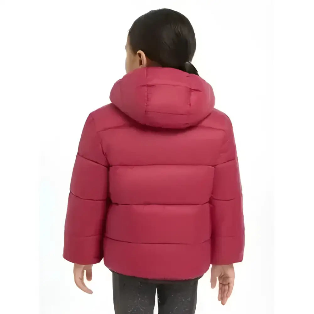 A child wearing a vibrant pink quilted lemieux mini megan reversible puffer ember jacket with matching hood