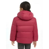 A child wearing a vibrant pink quilted lemieux mini megan reversible puffer ember jacket with matching hood
