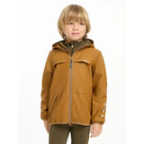 A child wearing a mustard-yellow lemieux mini milo winter jacket with silver stars and hood for cold weather