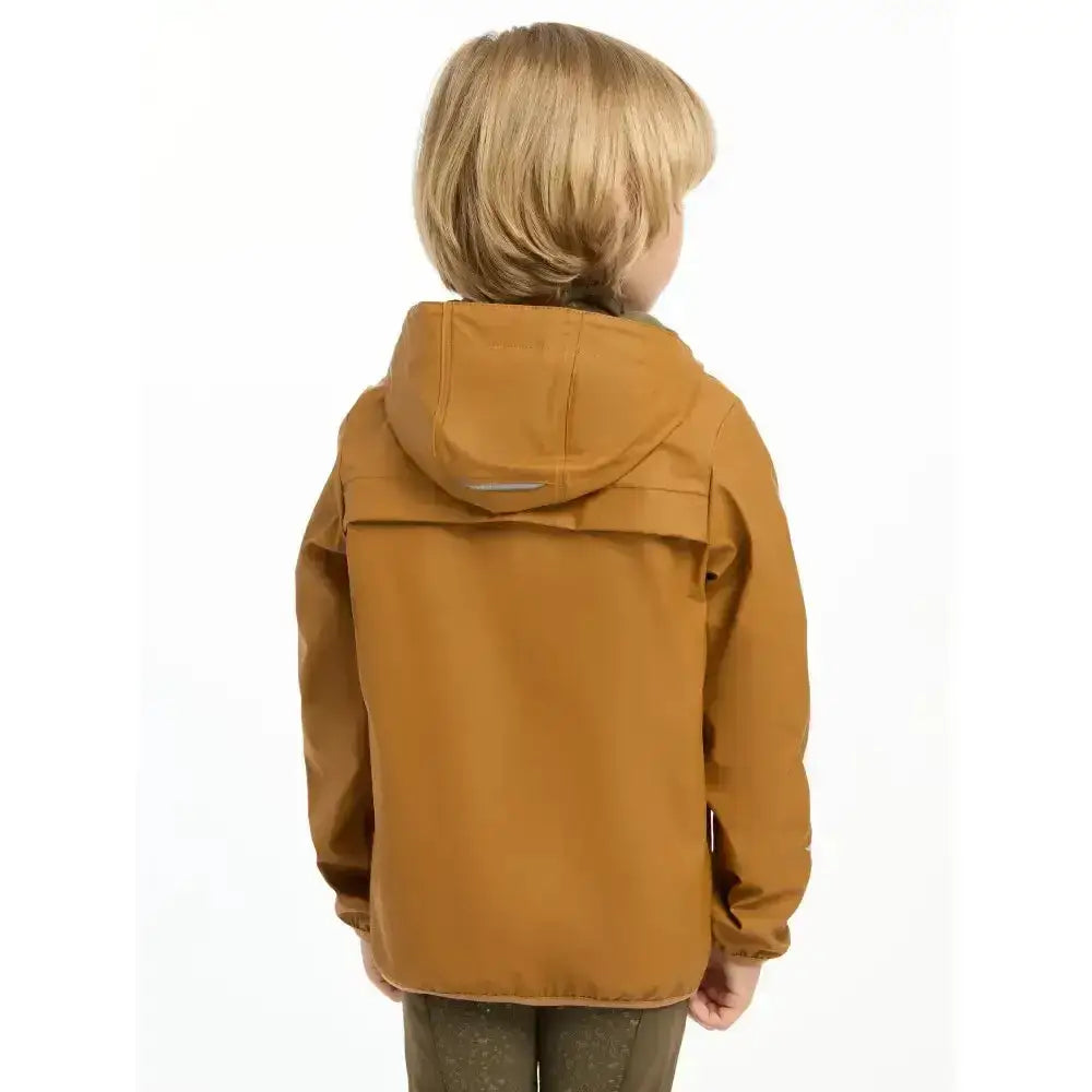 A child wearing the back of a lemieux mini milo winter jacket ginger in mustard yellow with reflective strip on hood