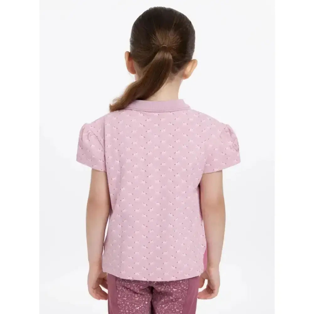 Soft pink lemieux mini polo shirt blossom with puffed sleeves tiny white dots and star buttons detail