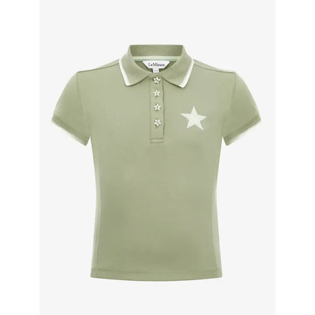 A sage green lemieux mini polo shirt fern in soft pique jersey with cream collar star buttons and large white chest star