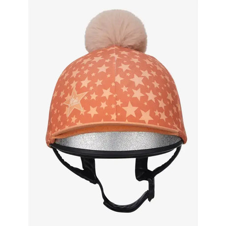 Coral lemieux mini pom equestrian helmet cover with beige pom pom in silky smooth 4 way hat silk apricot fabric