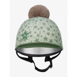 A lemieux mini pom equestrian helmet cover in silk fern green with star pattern silver glitter trim and brown pom-pom
