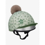 Lemieux mini pom mint green star-patterned equestrian helmet cover with fuzzy brown pom-pom and silver glitter trim