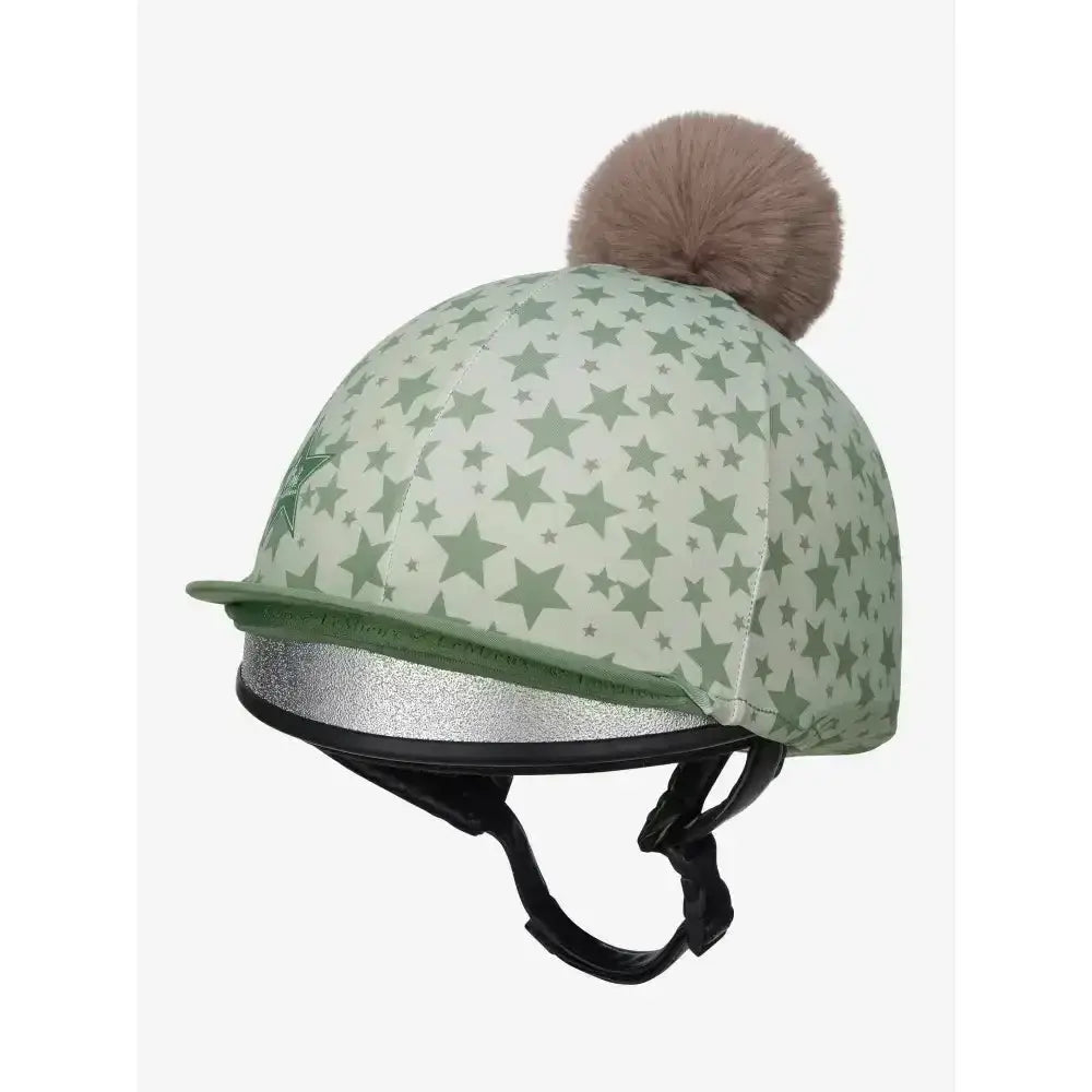 Lemieux mini pom hat silk fern mint green star pattern equestrian helmet cover with silver glitter trim and beige pompom