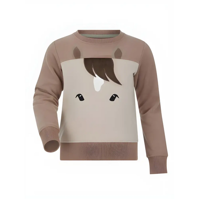 Children’s Lemieux Mini Pony Sweatshirt in Stone with a cartoon horse face design