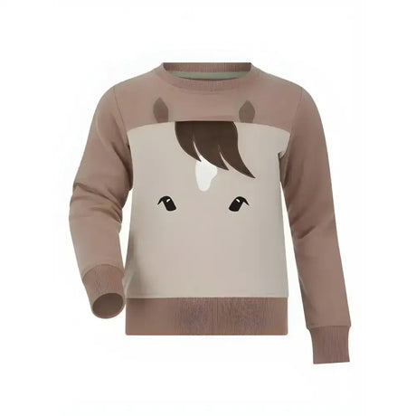 Beige lemieux mini pony sweatshirt stone with a playful horse face design and dark brown mane and eyes