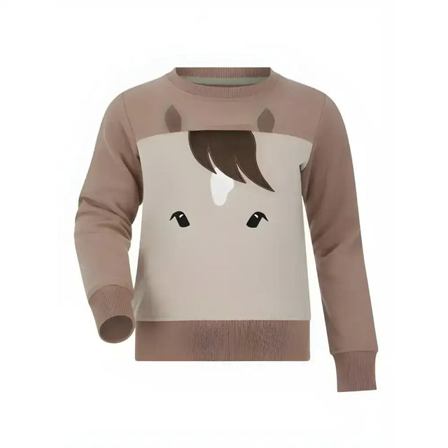 Beige lemieux mini pony sweatshirt stone with a playful horse face design and dark brown mane and eyes