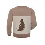 Back of lemieux mini pony sweatshirt stone with beige taupe color block and brown feather graphic design
