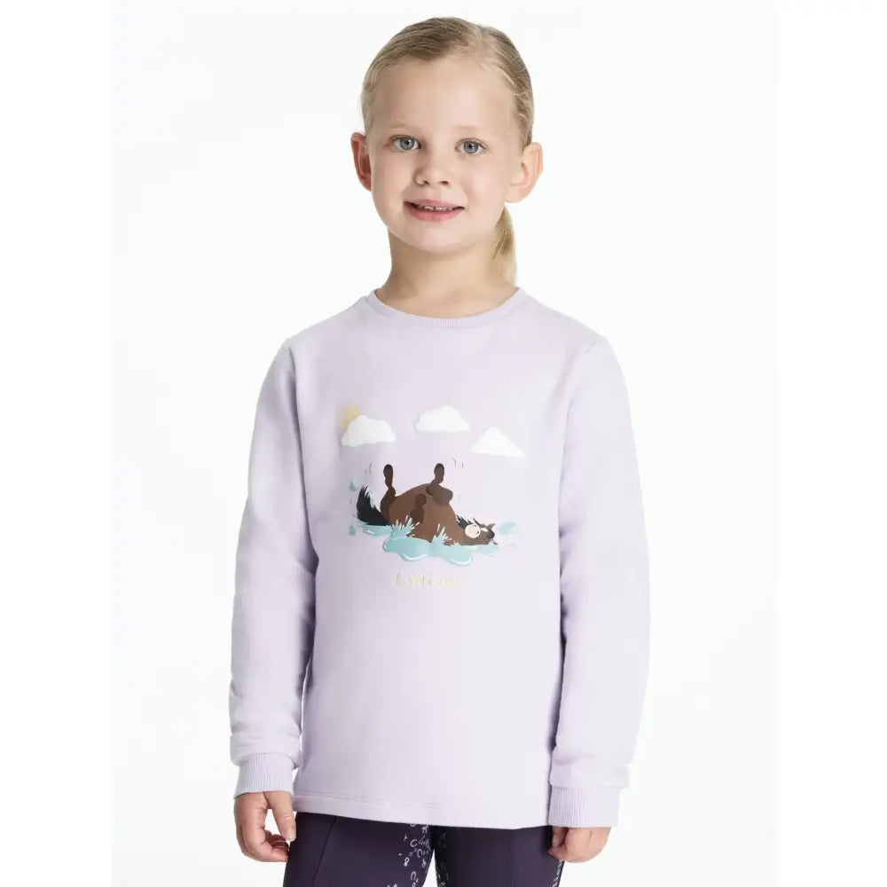 A soft lilac lemieux mini poppy long sleeve sweatshirt with a playful cartoon of two bears lounging under clouds