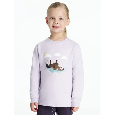 A soft lilac lemieux mini poppy long sleeve sweatshirt with a fun cartoon of two bears lounging under clouds