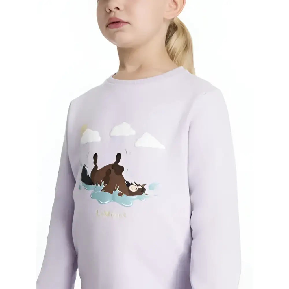 Lavender lemieux mini poppy long sleeve sweatshirt with playful brown otters splashing and white clouds design