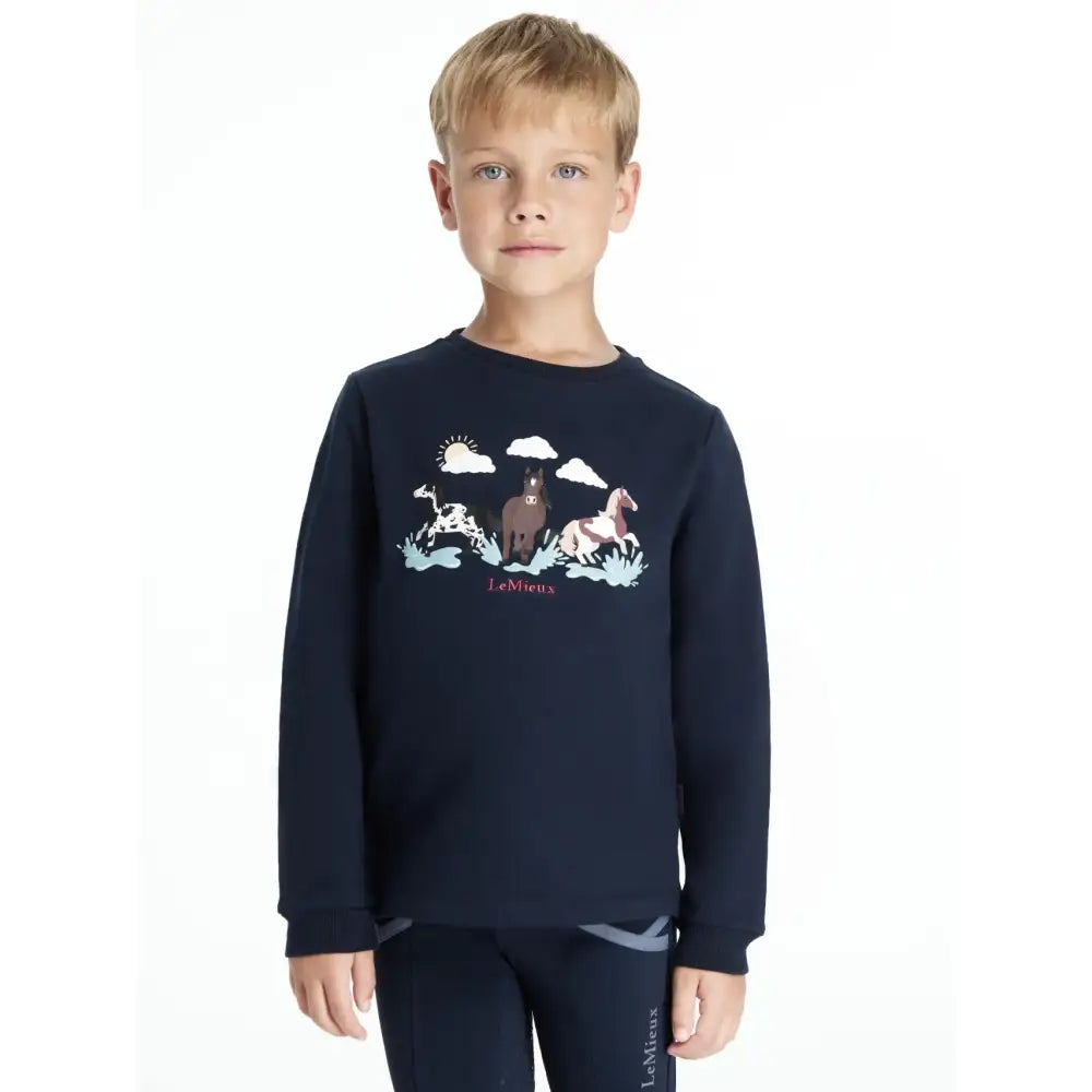 Navy long-sleeve lemieux mini poppy sweatshirt with whimsical horse and cloud graphic in white brown and pink tones
