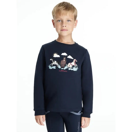 Navy blue lemieux mini poppy long sleeve top with whimsical horse and cloud graphic in white brown and light pink tones