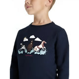 Navy lemieux mini poppy long sleeve sweatshirt with colorful cartoon horse and cow print on the chest