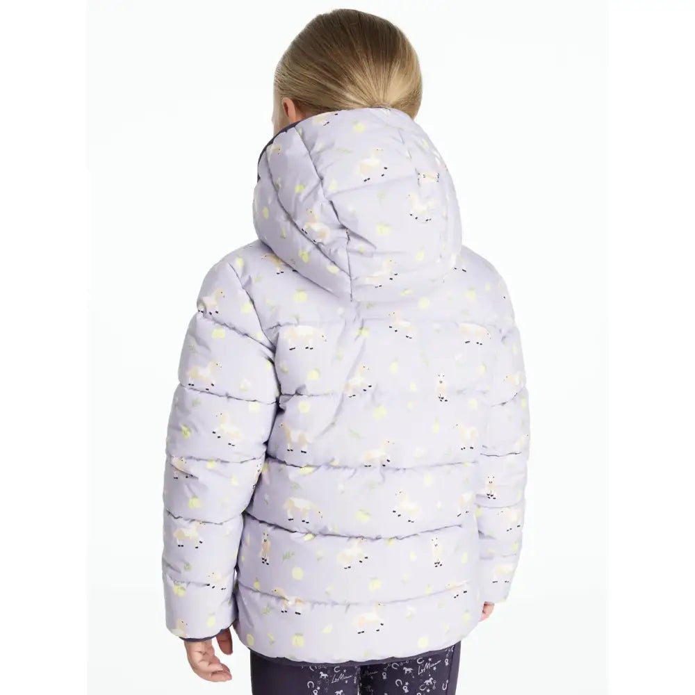 Lemieux mini printed lilo puffer jacket lilac with quilted design and subtle yellow star patterns