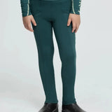 Dark green form-fitting lemieux mini pull equestrian leggings with white logo band and subtle vertical seams at the waist