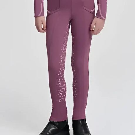 Purple lemieux mini pull breech mallow leggings with subtle floral embroidery and 4-way stretch fabric