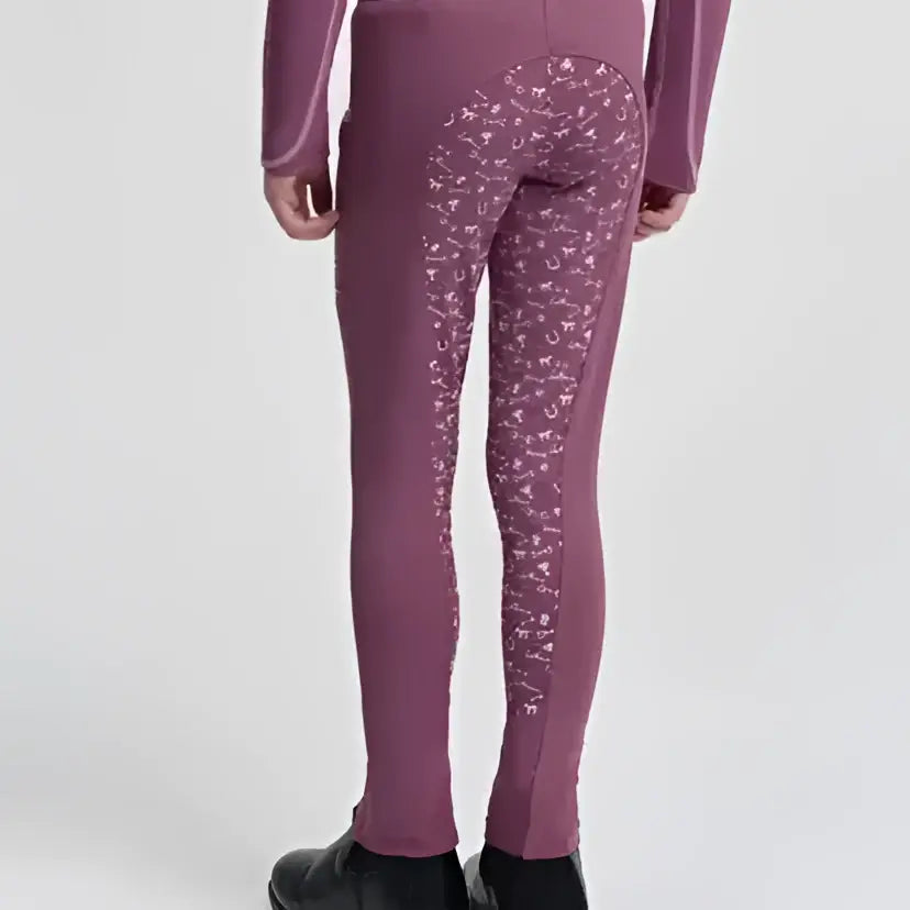 Back view of lemieux mini pull breech mallow purple riding tights with floral pattern 4-way stretch waistband