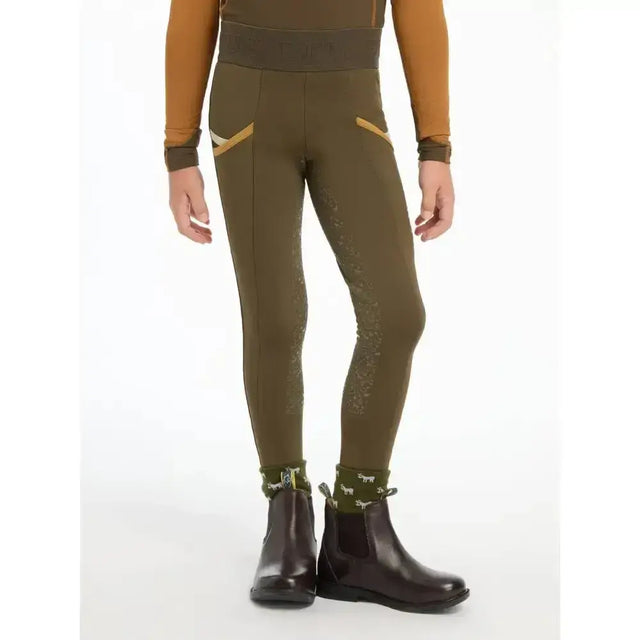 Olive green lemieux mini pull ons riding pants with tan accents and subtle speckled texture for alpine riding