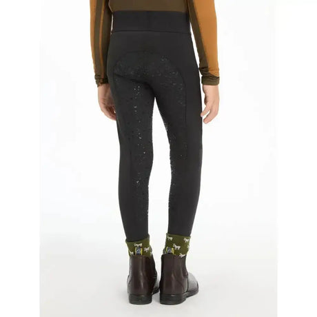 Black stretchy lemieux mini pull ons with subtle glittering speckles along the outer thighs for mini riders