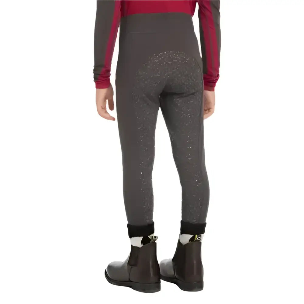 Back of lemieux mini pull gray equestrian leggings with glittery sparkly pattern and black ribbed cuffs for cinder active riders