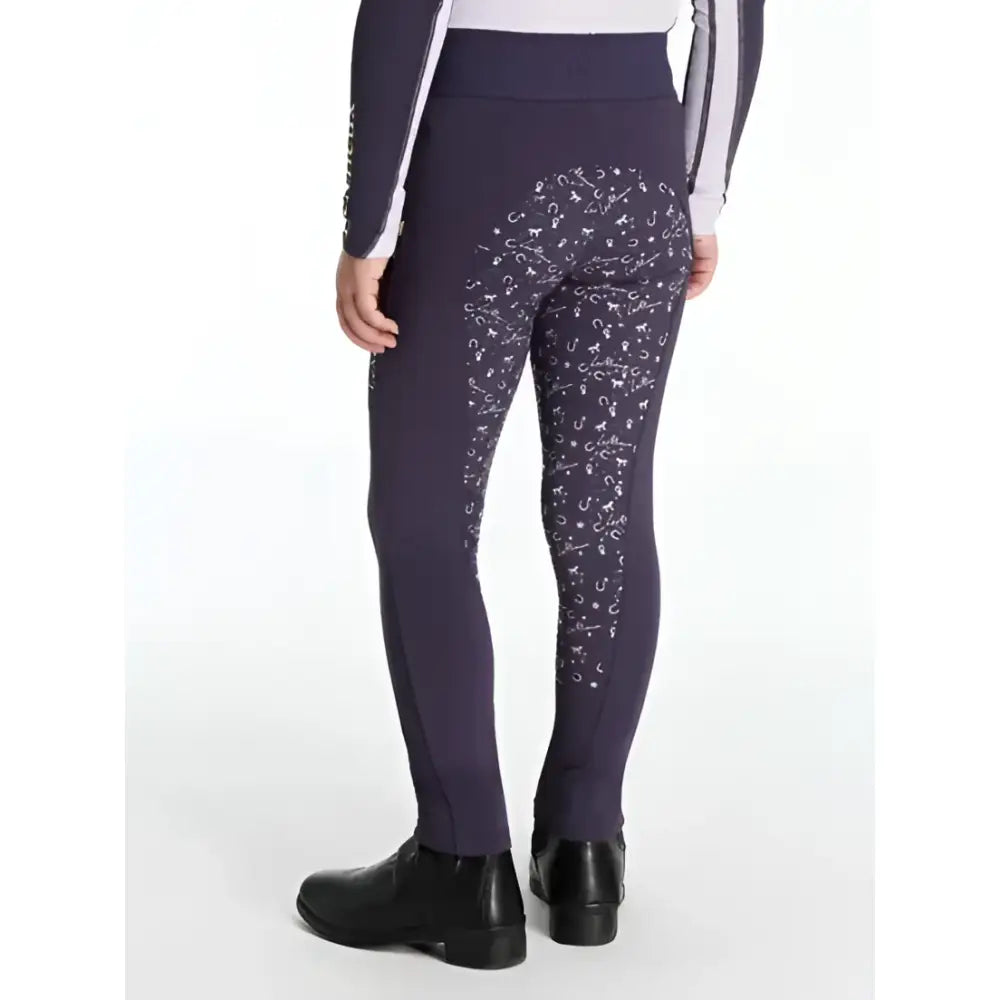 Dark purple lemieux mini pull on leggings with subtle white paisley pattern on outer thigh for mini riders