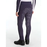 Dark purple lemieux mini pull on leggings with subtle white paisley pattern on outer thigh for mini riders