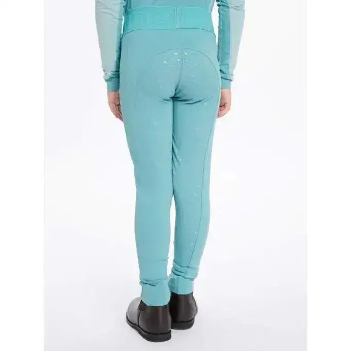 Teal lemieux mini pull ons lagoon with subtle white speckles and fitted stretchy fabric perfect for riding