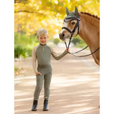 The child wears lemieux mini pull ons rosemary olive green and beige long sleeve equestrian suit with gray accents