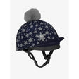 Navy blue lemieux mini reflective pom hat silk with silver stars and a gray faux fur pom pom on top