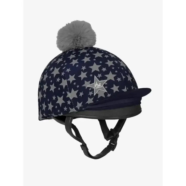 Navy blue lemieux mini reflective pom hat silk with silver stars and a gray faux fur pom pom on top