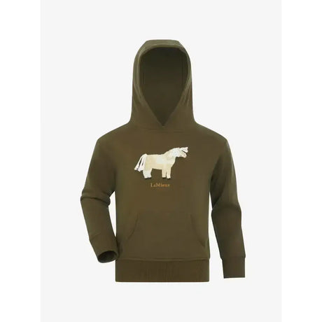 Olive green lemieux mini romi hoodie with white horse graphic and lemieux branding perfect for kids romi hoodie alpine style