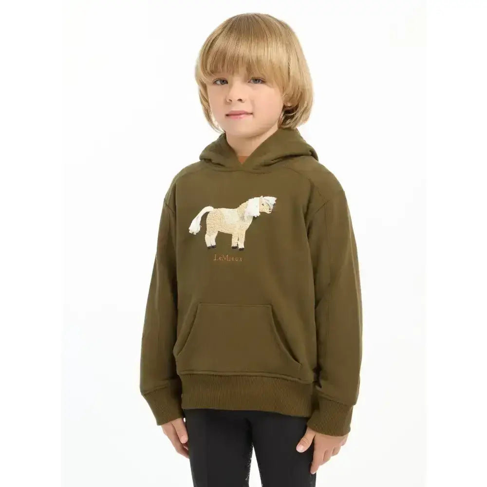 Olive green lemieux mini romi hoodie with a white horse graphic on the front perfect for casual wear