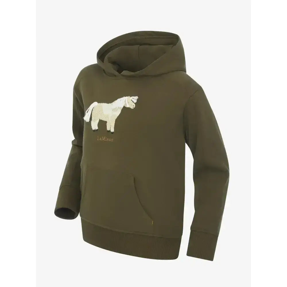 Olive green lemieux mini romi hoodie featuring a white embroidered horse design on the chest perfect for casual wear