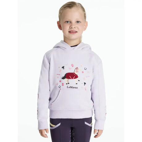 Light lavender lemieux mini romi hoodie with colorful embroidered red and beige horse and decorative accents
