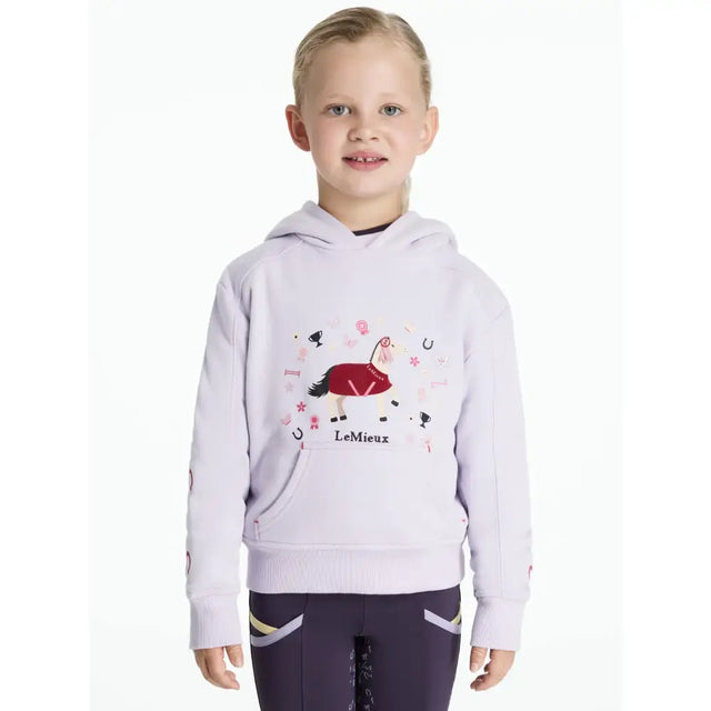 Light lavender lemieux mini romi hoodie featuring colorful embroidered horse with decorative elements on front