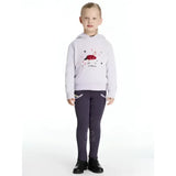 A child wears a lemieux mini romi hoodie lilac with a red black graphic and dark purple patterned leggings