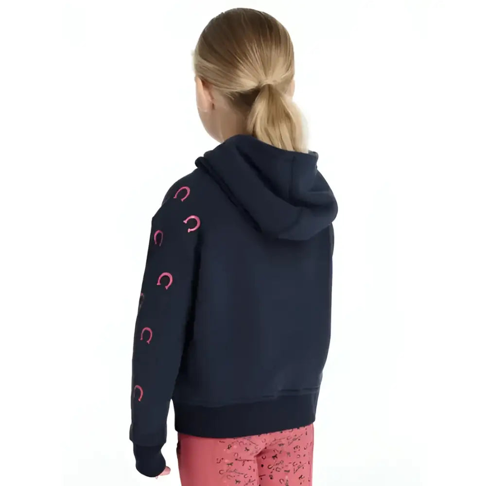 Navy blue lemieux mini romi hoodie with pink horseshoe embroidery on sleeves perfect for casual wear