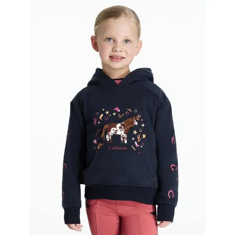Navy blue lemieux mini romi hoodie for kids with colorful horse graphic and pink horseshoes on sleeves romi hoodie navy