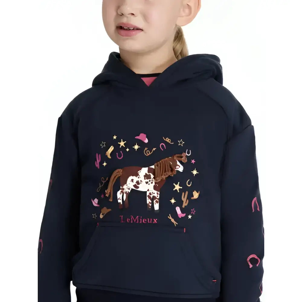 Navy blue lemieux mini romi hoodie featuring a brown and white horse with stars horseshoes and cowboy hats accents