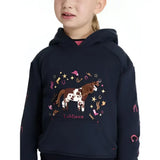 Navy blue lemieux mini romi hoodie featuring a brown and white horse with stars horseshoes and cowboy hats accents