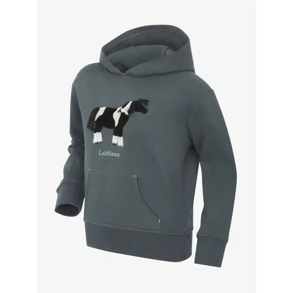 Dark gray lemieux mini romi hoodie petrol with black and white embroidered horse and lemieux logo below