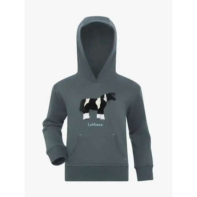 Dark gray lemieux mini romi hoodie petrol with black and white horse graphic and lemieux logo on front