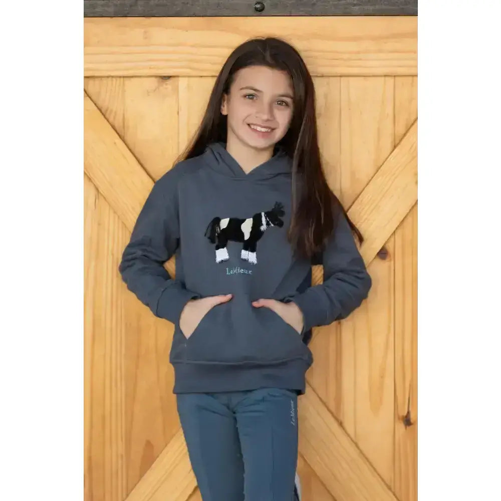 Dark gray lemieux mini romi hoodie petrol with a black and white cow graphic on the front perfect for casual wear